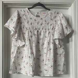 LuLaRoe Maddy White Blouse with Brown and Mustard Floral Print